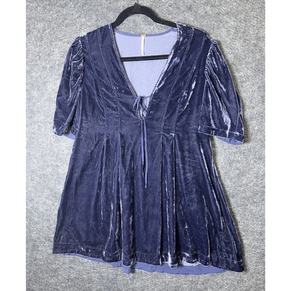 Free People Purple Velvet Mini Dress Top Lace Up V-Neck Puff Sleeve Size M
